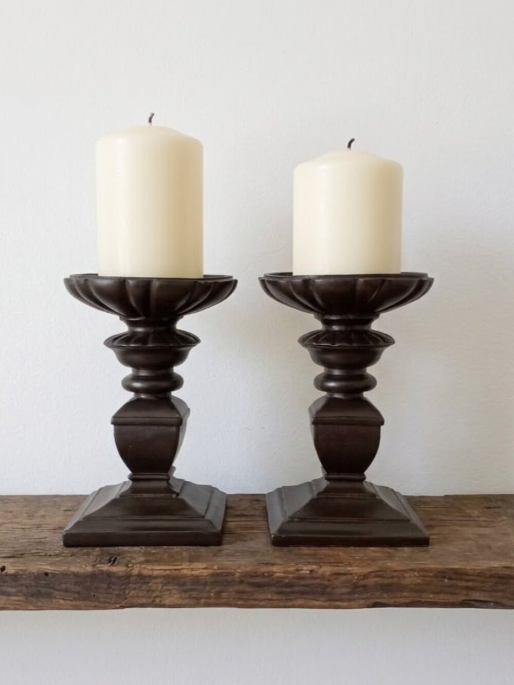 Vintage Brown Resin Pillar Candle Holders Pair Square Pedestal Base Bronze Look